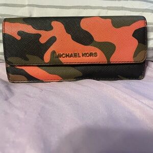 Michael Kors Orange and Olive Camo Continental Wallet